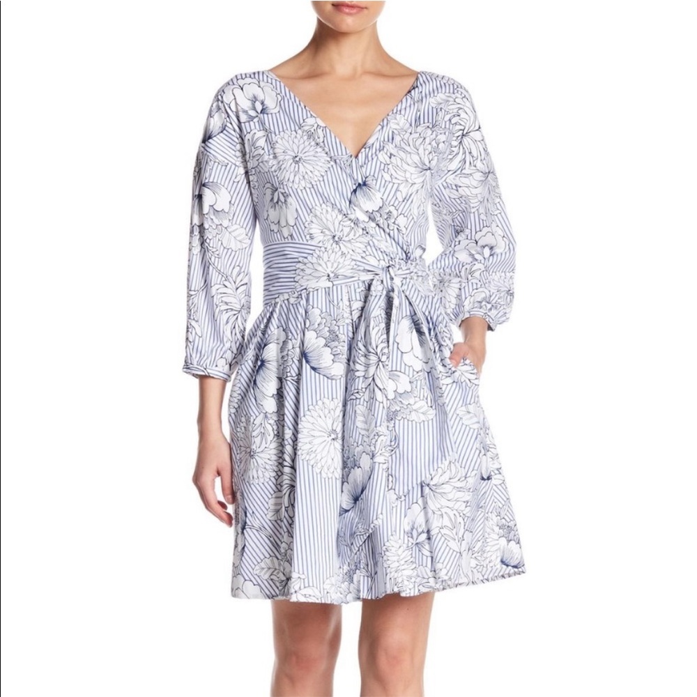 Floral Wrap Dress in Blue and White
